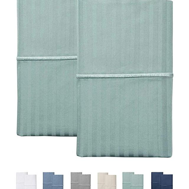FEATHER & STITCH NEW YORK 500 Thread Count,Damask Stripe, Extra Long-Staple 100% Cotton Pillow Covers for Bed Pillows, Set of 2 (Granite Green, Standard)