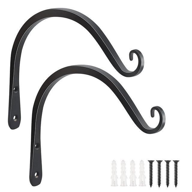 FEED GARDEN 2 Pack 8 Inch Hanging Plant Bracket Wall Hooks Decorative Plant Hangers for Outdoor Hanging Bird Feeders, Wind Chimes, Plant Baskets, Black
