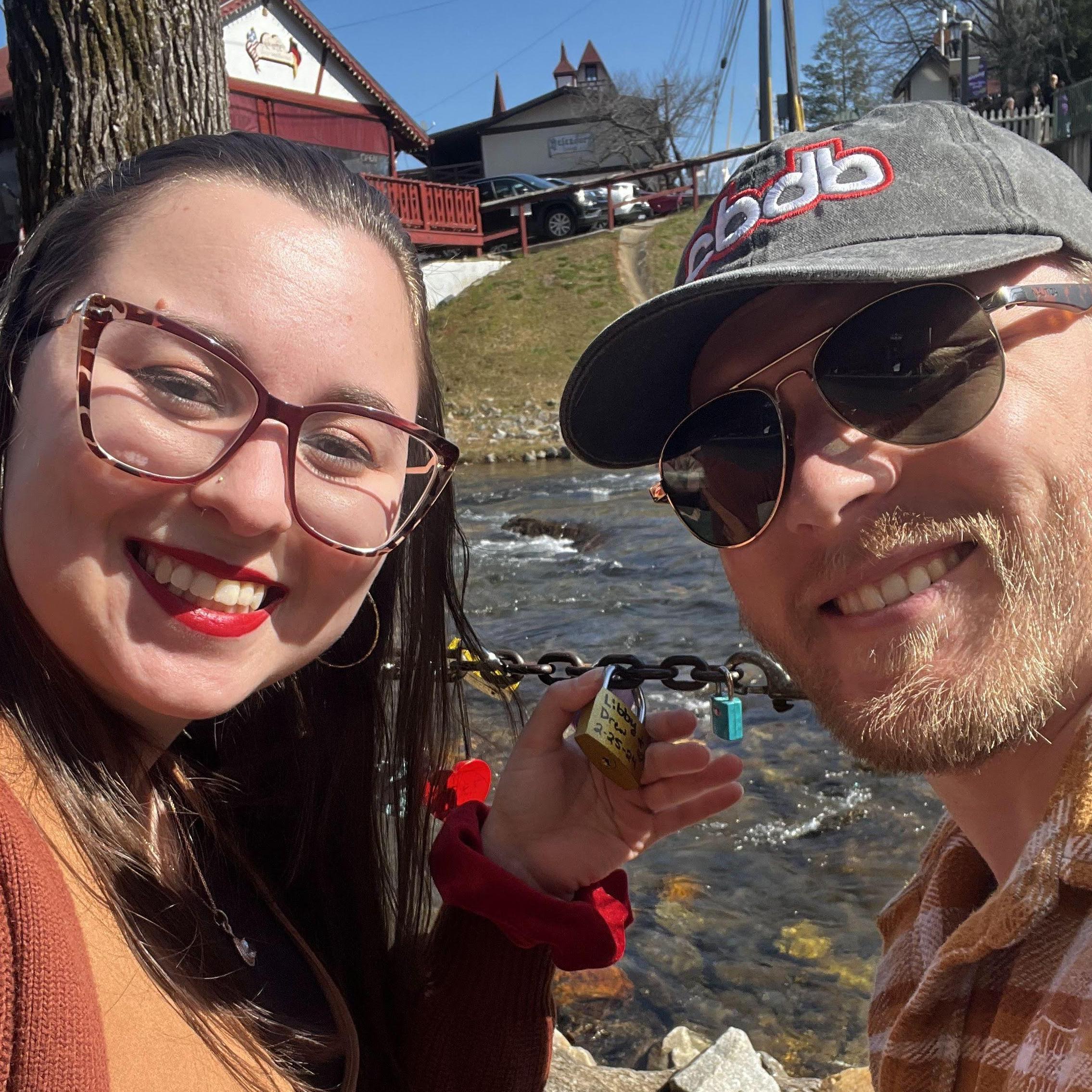 2.25.24 Libby & Drew visit Helen, GA together for the first time for Drew's birthday. They place a 'love lock' by the river...Almost a year later this will be the spot Drew proposes