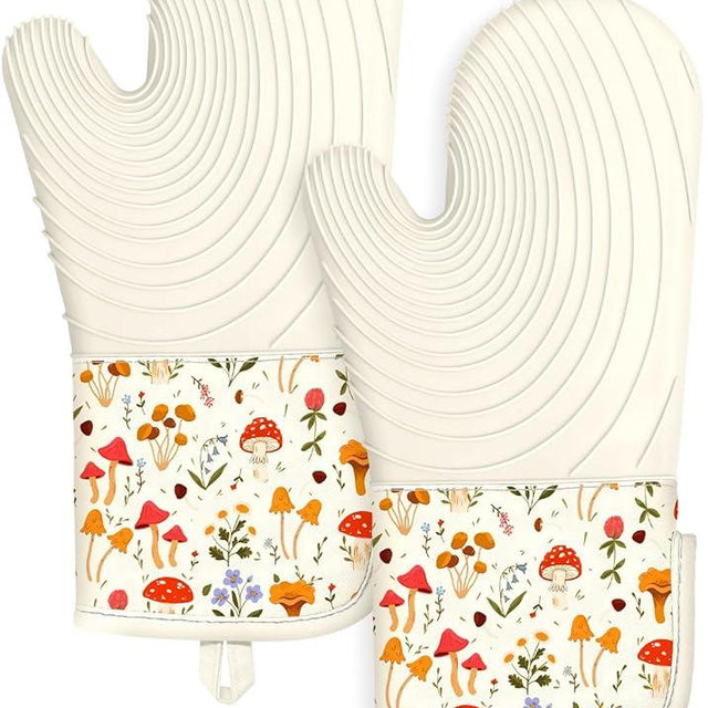 Slohif Long Silicone Oven Mitts Heat Resistant for Women - 2 Pcs Mushroom 100% Cotton Oven Gloves, Non-Slip and Waterproof Silicone Oven Mitts with Hanger for Baking and Cooking