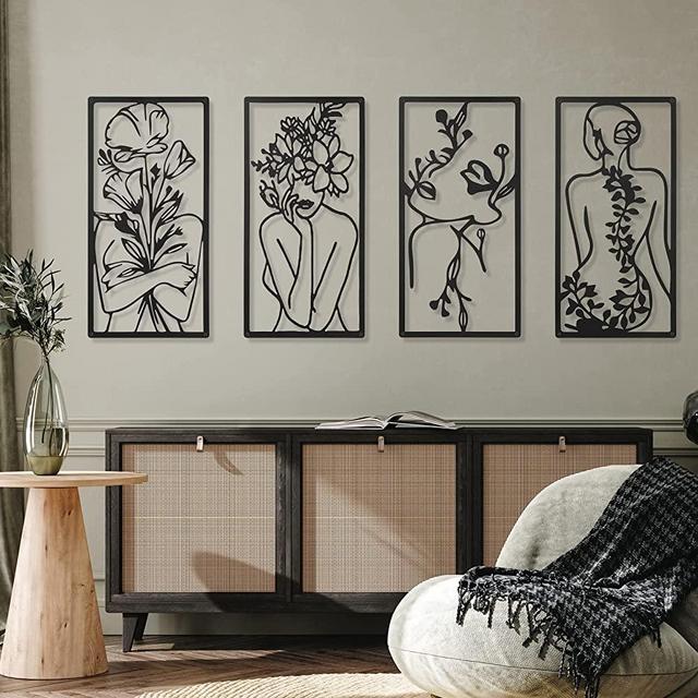 4 Pcs Metal Minimalist Abstract Woman Wall Art Line Drawing Wall Art Decor 17 Inch Minimalist Single Line Art Female Home Hanging Wall Art Decor for Bedroom Kitchen Bathroom Living Room (Black)