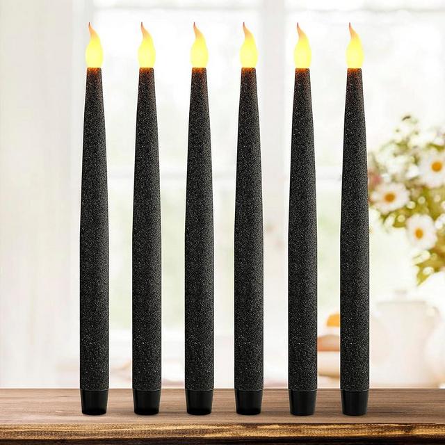 Furora LIGHTING Black Glittery LED Taper Candles Pack of 6, Flameless Flickering Taper Candles with Timer for Home Décor Holiday Décor, Battery Operated