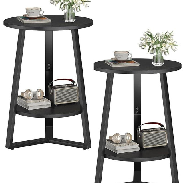 sthmec Small Round End Table Set of 2,2 Tier Side Table Set 2 with Storage Shlef,Coffee Table Wooden Tabletop & Metal Frame,Round Accent Table Small Nightstands Couch Tables Livingroom Bedroom,Black