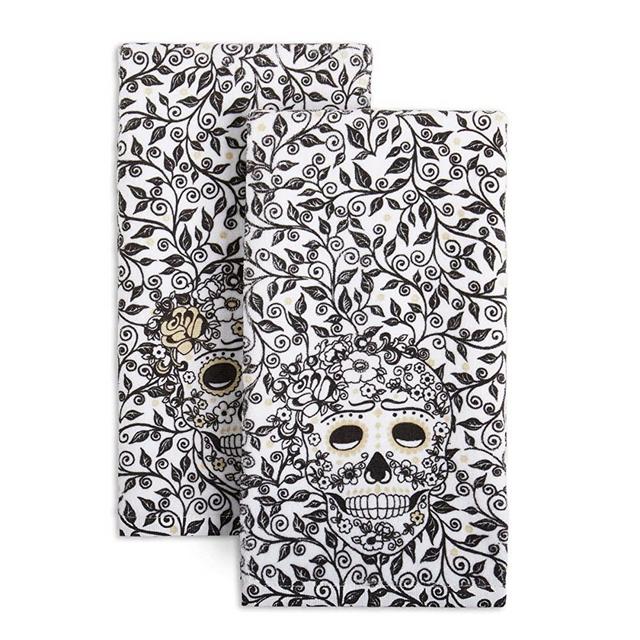 Fiesta Skull & Vine Kitchen Towel Set, 16"x28", Black & White