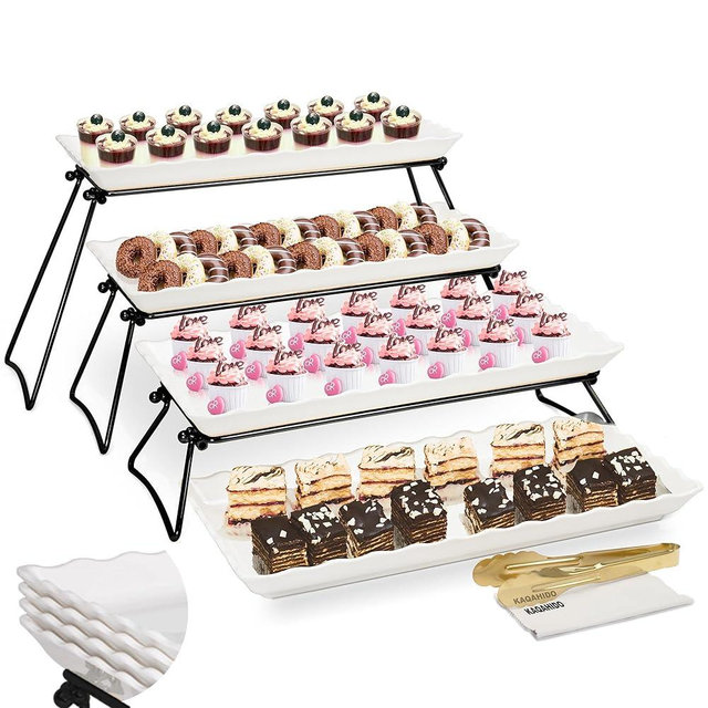 KAQAHIDO Extra Large 4 Tier Serving Tray Set, 34x22x10 inch Wave Edge Melamine Dessert Table Display Set, Tiered Trays Stand for Party Buffet Entertaining, Black and White