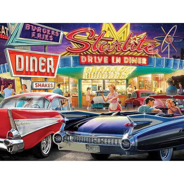 Bits and Pieces – Large 300 Piece Jigsaw Puzzle for Adults – 50s Starlite Diner - Classic Cars Drive in Jigsaw Puzzle by Larry Jones, Completed Puzzle Size: 18" x 24"