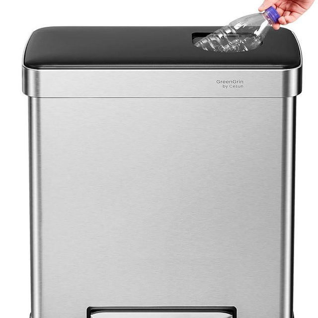 Cesun GreenGrin Kitchen Trash Can, 2 x 8 Gallon Dual Compartment Trash and Recycle Bin Combo, Double Stainless Steel Step Garbage Can with Lid, Recycling Push Flap, Removable Inner Buckets, 30L+30L