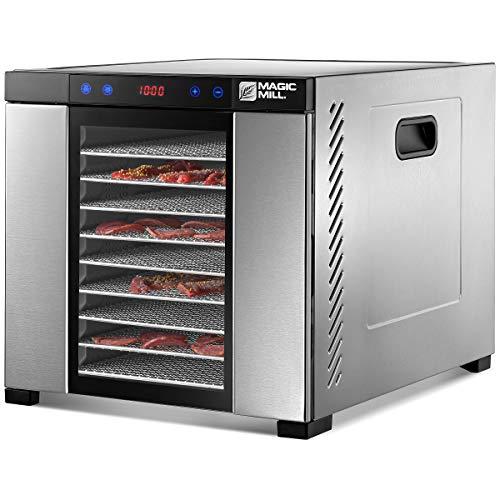 Magic Mill Commercial Food Dehydrator Machine | Adjustable Timer and Temperature Control | Dryer for Jerky, Herb, Meat, Beef, Fruit and Vegetables | Over Heat Protection | 10 Stainless Steel Trays