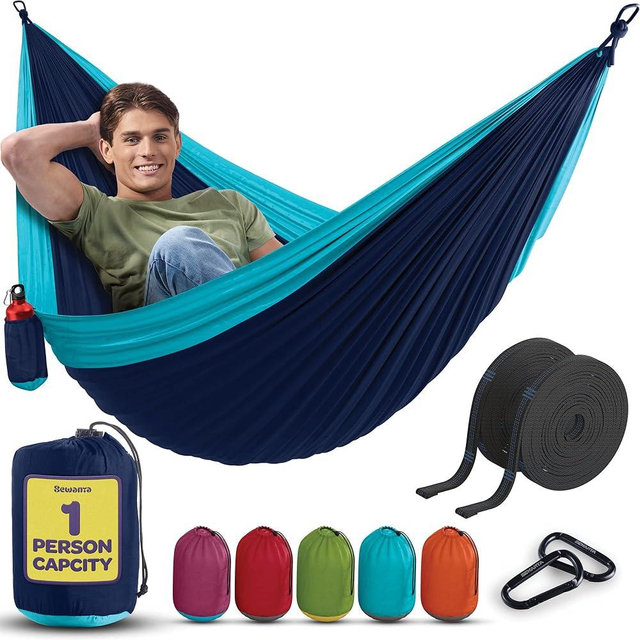 Durable Hammock 400 lb Capacity - Lightweight Nylon Camping Hammock Chair - Double or Single Sizes w/Tree Straps and Attached Carry Bag - Portable for Travel/Backpacking/ (Navy, Medium)