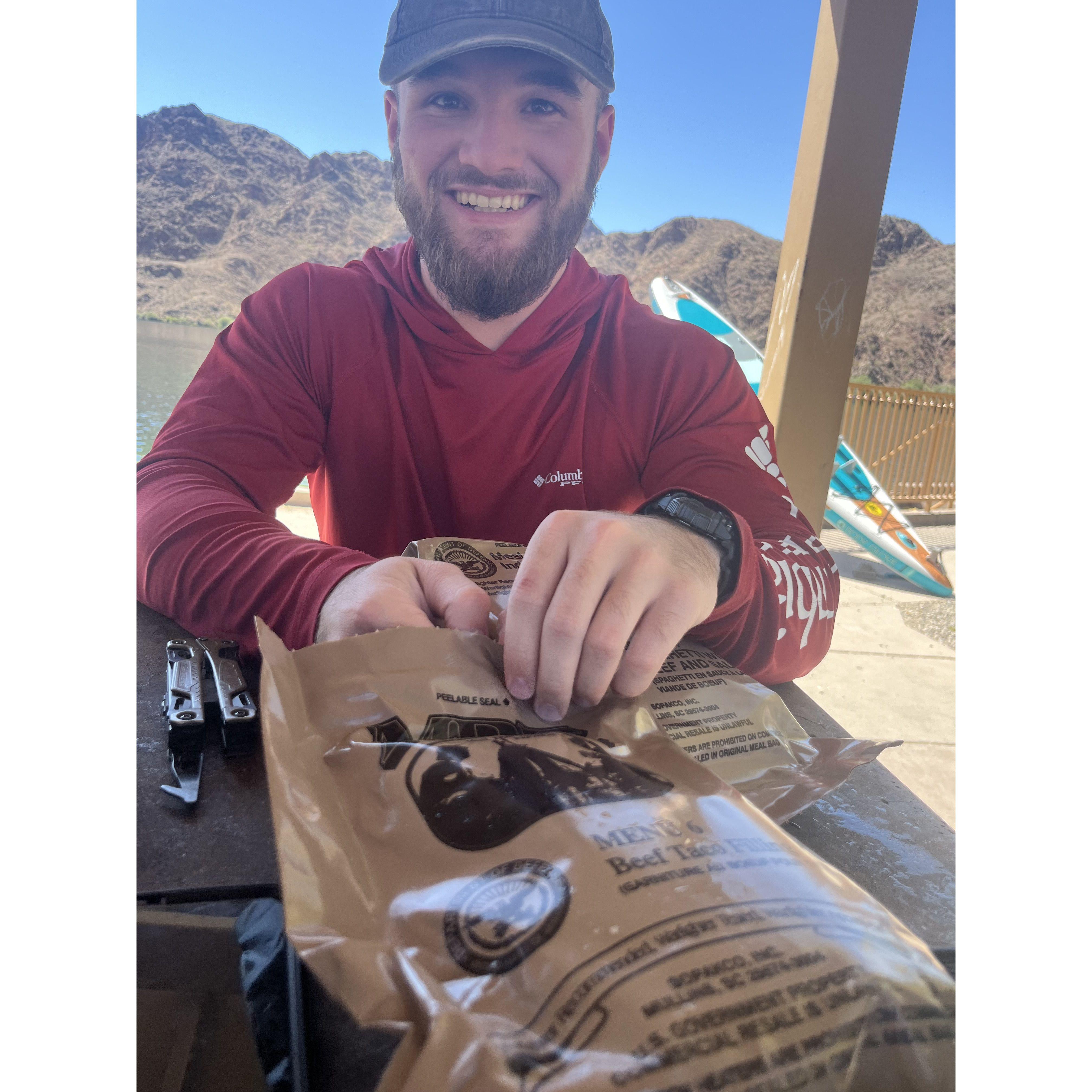 Bailey making Mina try an MRE (not as bad as she thought)