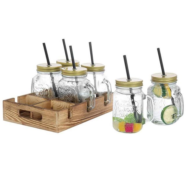MyGift Mason Jar Mug Glasses with Lids, Straws & Wood Caddy, Brown, Set of 6