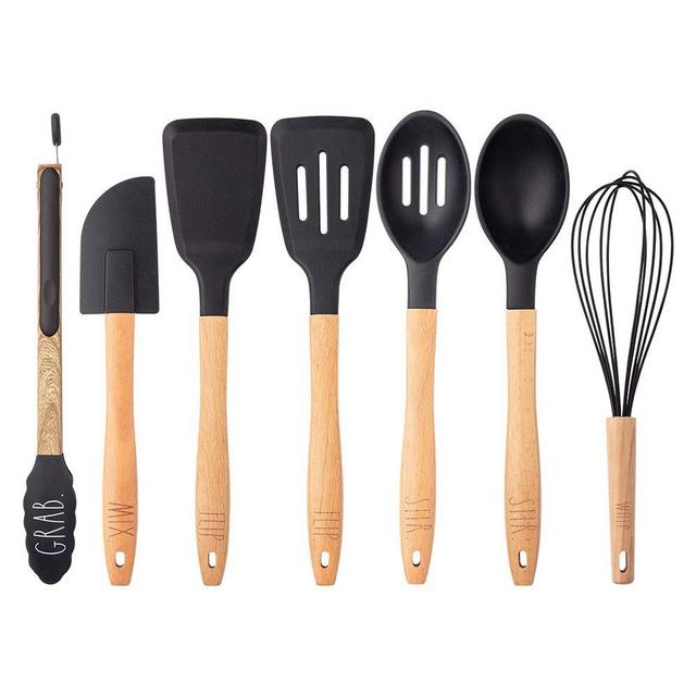 Rae Dunn Everyday Collection 7 Piece Kitchen Utensil Set, Stainless Steel and Silicone Kitchen Tools with Wooden Handles- by Cook with Color (Black)