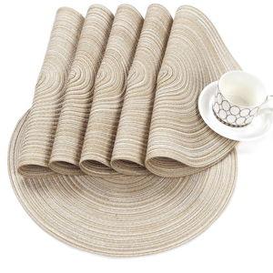 SHACOS Round Placemats Set of 6 Cotton Polyester Braided Place Mats 15 inch Heat Resistant Washable Table Mats for Kitchen Dining Party Natural Table Decor (Beige, 6)