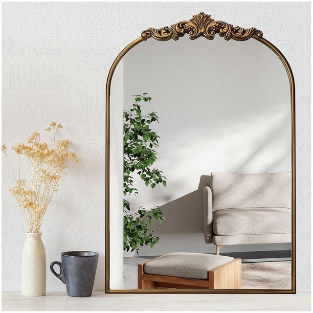 Wemily Ornate Baroque Vintage Gold Mirror - 24"X36" Arched Antique Brass Mirror with Full Metal Frame - Perfect for Entryway, Fireplace, Living Room, Hallway, or Bathroom Décor