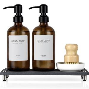 2 Pack Kitchen Soap Dispenser Set - 16oz Amber Glass Dish and Hand Soap Dispenser with Stainless Steel Pump, Instant Dry Tray, Dish Brush & Holder, Refillable Countertop Sink Decor for Kitchen & Bath