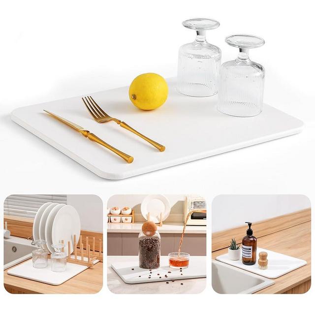 WALL QMER Super Absorbent Stone Drying Mat for Kitchen Counter, Fast-Drying Diatomaceous Earth Dish Drying Mats, Versatile Stone Drying Tray for Cups Dishes Bottles, White
