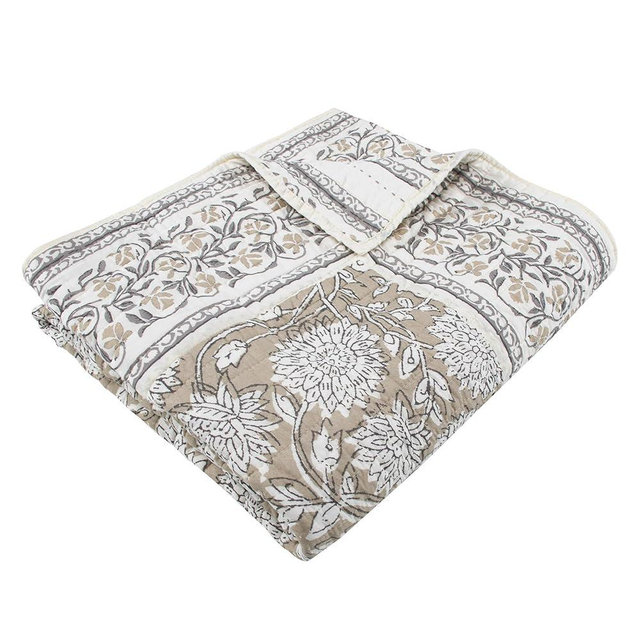 Levtex Home - Adare Taupe - Throw - Bordered Floral - Taupe, Grey and Cream -Quilted Throw (50x60in.) - Cotton