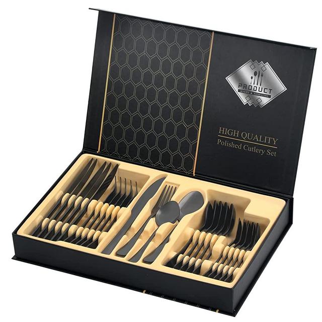 Black Silverware Set，24-Piece Stainless Steel Flatware Service for 6, Mirror Finish Cutlery Set with Gift Box (Black)