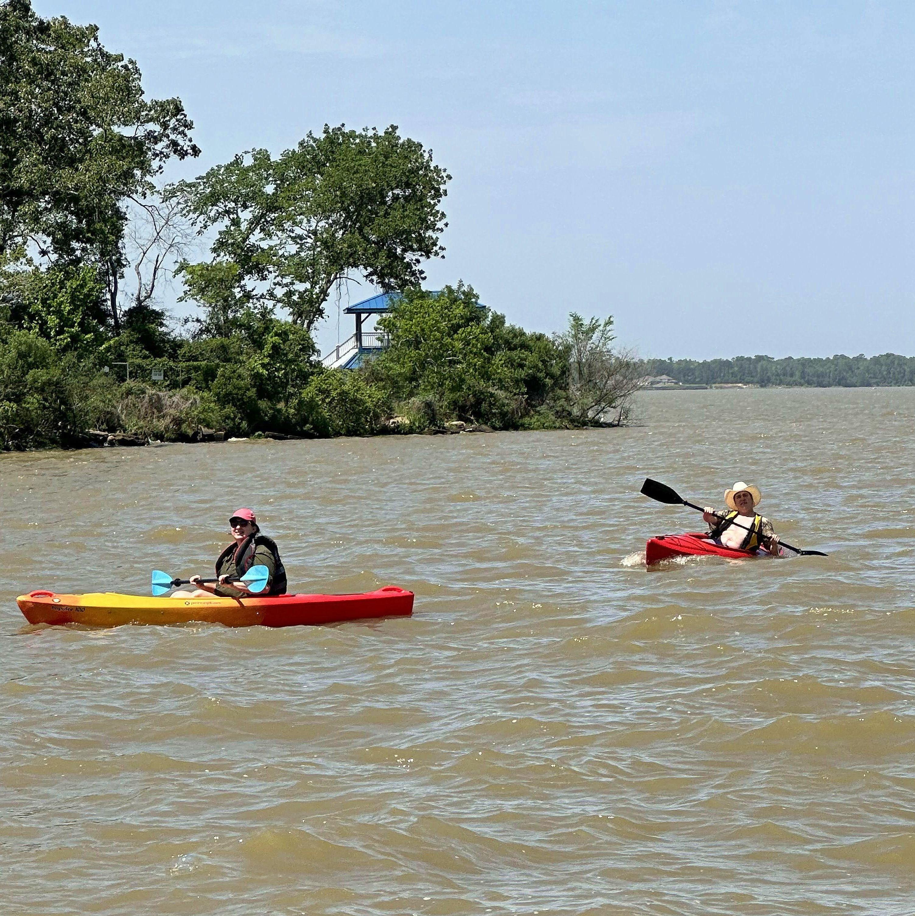 Kayaking in Lake Houston. After first launching Ethan immediately flipped his kayak... In Houston, Texas on April 1, 2023.