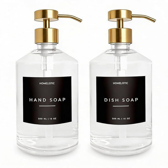 Homelistic Clear Glass Soap Dispenser Set with Champagne Gold Pump – 16oz Refillable Kitchen & Bathroom Soap Dispensers (2 Pack) Rust-Resistant Stainless Steel Pumps, 48 Labels