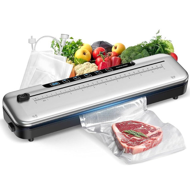 75kPa Compact Vacuum Sealer Machine For Food, 6-in-1 Sous Vide Vacuum Sealing Machine with Starter Kits, External Sliding Blade, Digital Countdown Timer, Silver