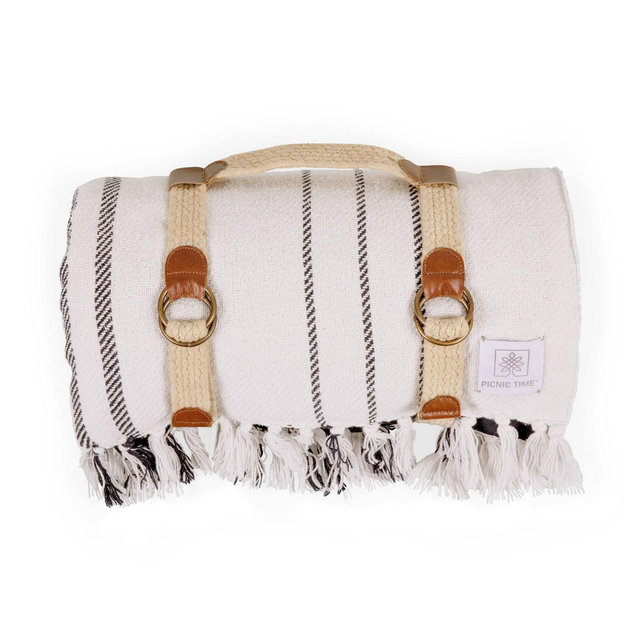 Picnic Time 70"x60" Montecito Outdoor Picnic Blanket with Harness - White/Blue Stripe