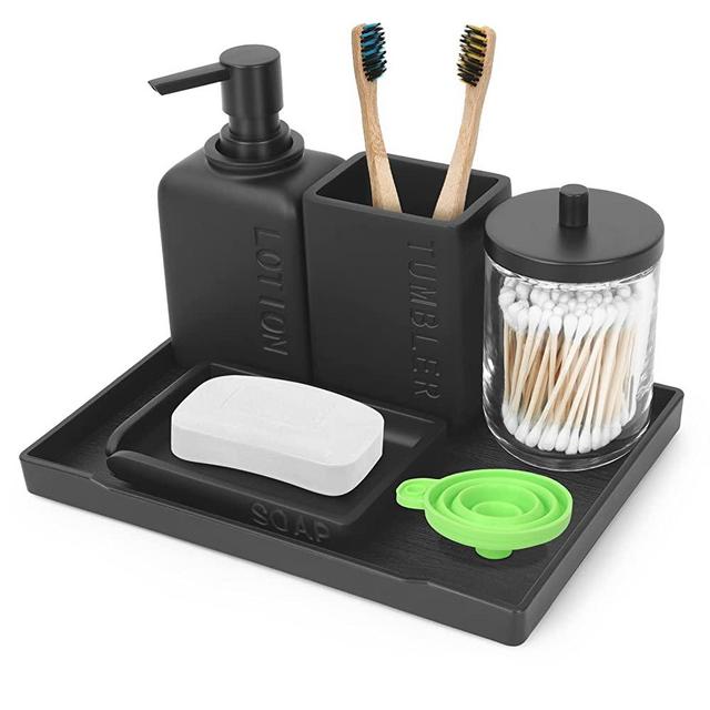 JDHEXY Black Bathroom Accessories Set,Bathroom Decor with Soap Dispenser,Toothbrush Holder,Glass Qtip Holder,Vanity Tray,Soap Dish for Kitchen,accesorios para baño,Bathroom Organizer Countertop