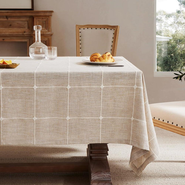 ZeeMart Grid Embroidered Tablecloths 60x84 Inch (Fit 5ft, Narrow Fit 6ft Rectangle Table), Taupe Farmhouse Heavy Weight Cotton Linen Water Resistant Boho Table Cloth