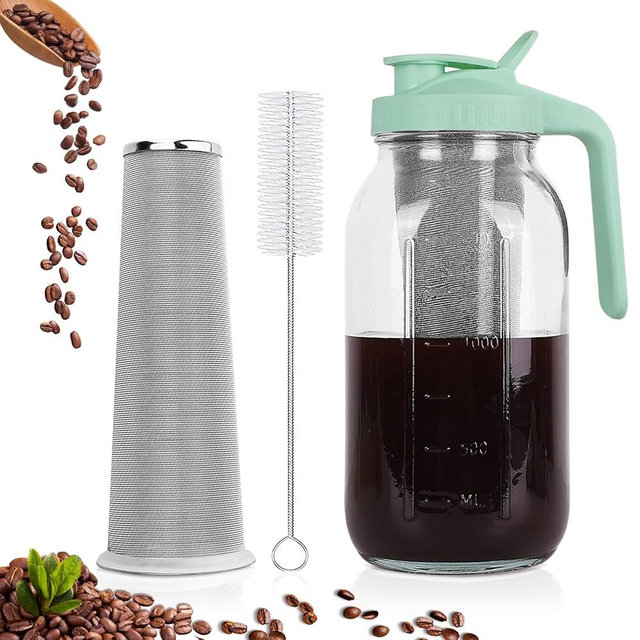 Cold Brew Coffee Maker，64 oz Wide Mouth Mason Jar Pitcher with Stainless Steel Filter, Pour Spout Handle Lid, Heavy Duty Glass Airtight & Leak-Proof Pitcher for iced coffee & Tea Lemonade-Green