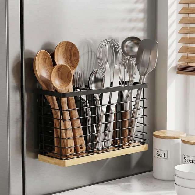 MSJGA Magnetic Utensil Holder for Fridge - 3 Compartment Wall Mounted & Countertop Metal Utensil Organizer with Bamboo Base, Kitchen Utensil Caddy for Spoons, Forks, Knives, Black
