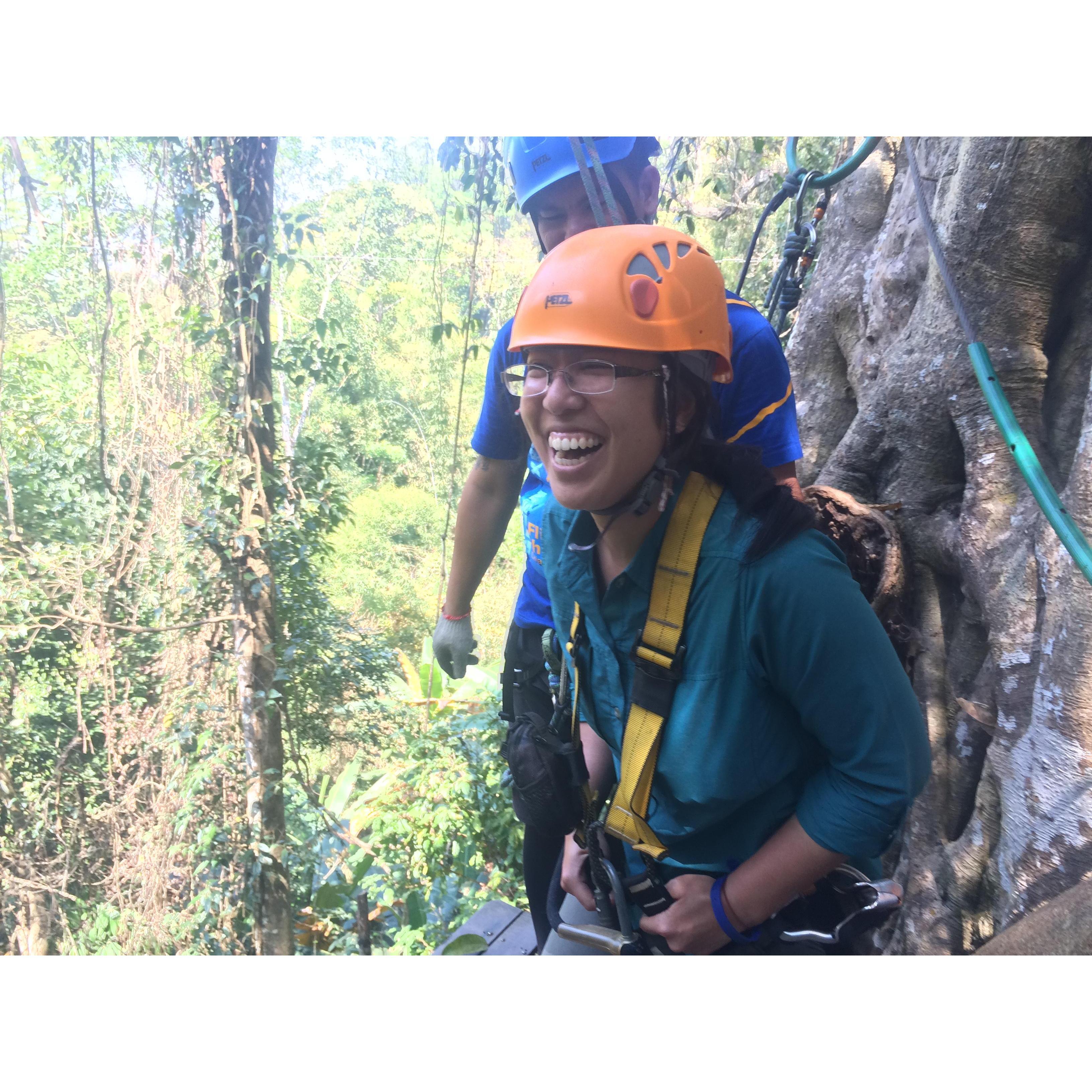 This is the face of hysterical fear.  Amy discovered she has a hard time jumping off of platforms when her zip line harness is connected in the back instead of the front.