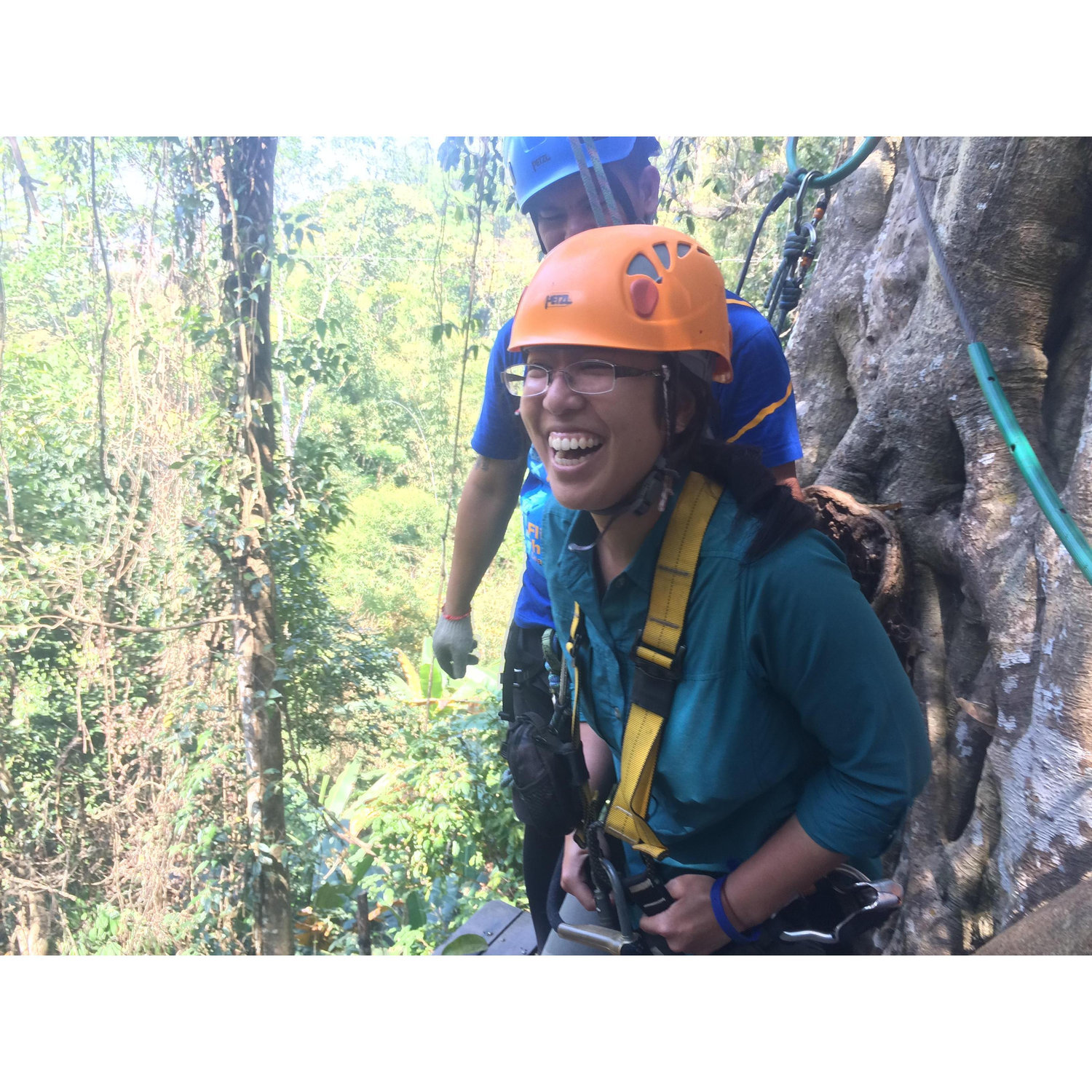 This is the face of hysterical fear. Amy discovered she has a hard time jumping off of platforms when her zip line harness is connected in the back instead of the front.