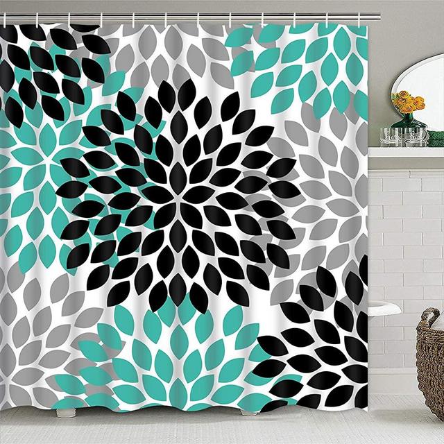 Pknoclan Dahlia Pinnata Floral Shower Curtain, Turquoise Black Grey Teal Flower Bathroom Curtain, Waterproof Fabric Shower Curtain for Bathroom Decoration