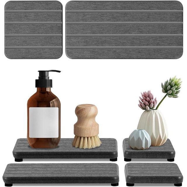 4PCS Stone Drying Tray for Bathroom Sink and Kitchen Counter, Fast Drying Diatomite Stone Sink Tray, Stone Soap Tray, Diatomaceous Coaster, Vanity Tray, Water Absorbing Stone Tray for Sink