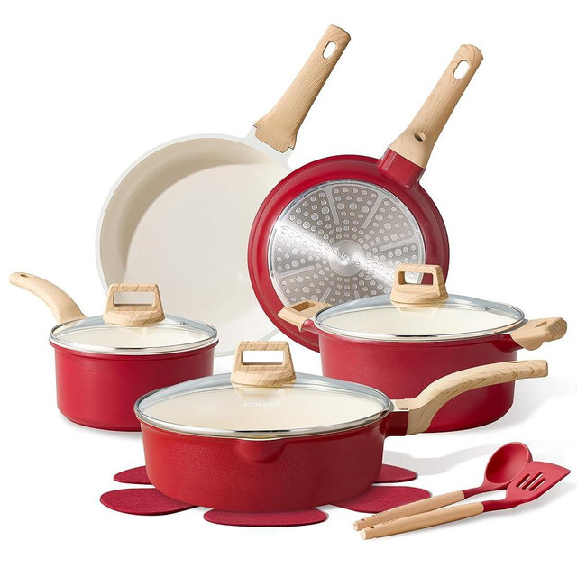 CAROTE 14 Pcs Ceramic Cookware Set, Pots and Pans Set Non Stick with Ceramic Coating, Induction Kitchen Sets, Red