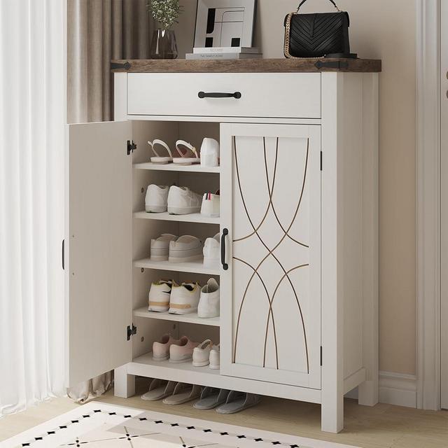 Epecoya White Shoe Cabinet with Storage Shelf and Drawer for Entryway, Farmhouse 20 Pairs Freestanding Shoe Storage Organizer with 5 Tier Adjustable Shelves for Closet Living Room Hallway, Brown White