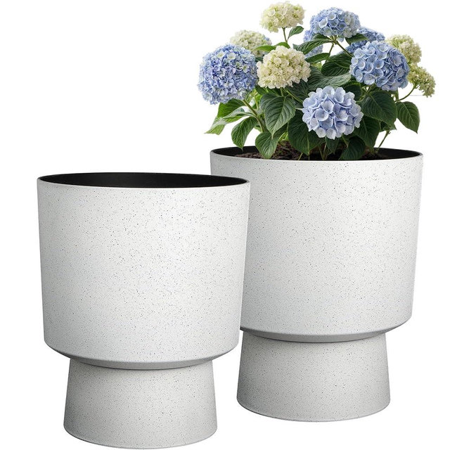 Ultym 16.75"H Urn-Style Tall Planters, 2-Pack Modern Large Flower Pots for Outdoor Indoor, 2-in-1 Design Plant Containers for Garden Patio Yard Balcony Porch or Home Decor, White Terrazzo, UV-Protect