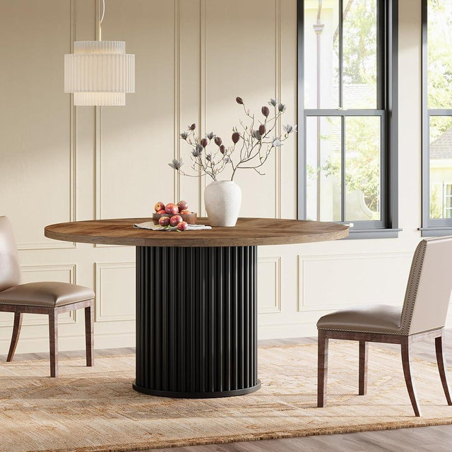 Tribesigns 47.24-Inch Black Round Dining Table for 4-6 People, Modern Fluted MDF + Metal Base Kitchen Table, Sturdy Circle Dining Room Furniture, Brown + Black