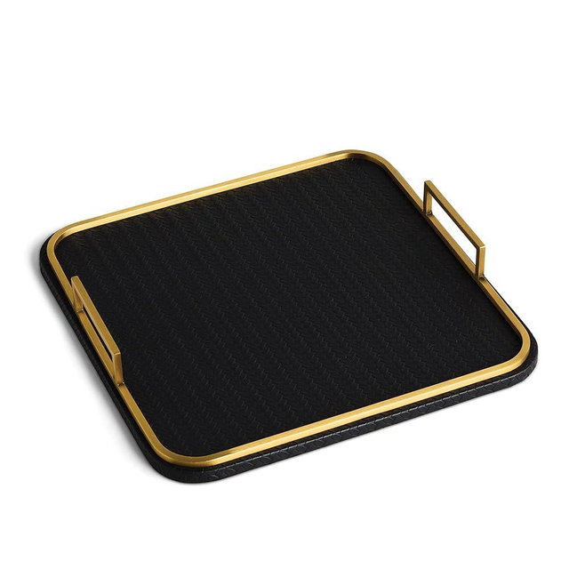 Preston Lane Mayfair Decorative Tray – Vegan Leather with Woven Texture, Brushed Brass Handles – Serving, Dresser & Coffee Table Tray, Ink