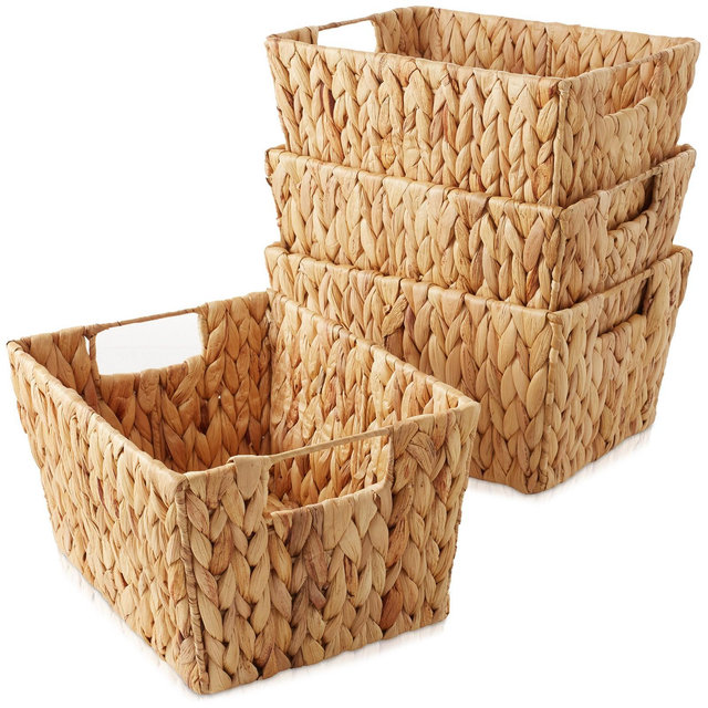 Casafield Set of 4 Water Hyacinth Storage Baskets with Handles - Natural, 12" x 9" x 6" Rectangular Bins for Shelves, Blankets, Laundry Organization