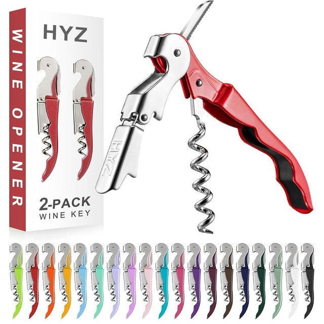 HYZ 2-Pack Wine Opener Waiter Corkscrew, Professional Wine Key for Servers, Bartender with Foil Cutter, Manual Wine Bottle Opener Double Hinged (Red)