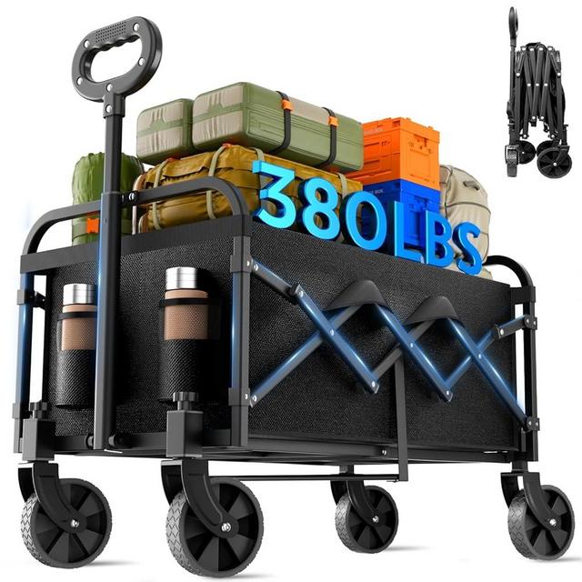 BEUSZATED Collapsible Wagon 380 lbs, Heavy Duty Wagons Carts Foldable, Shopping Cart with All-Terrain Wheels & 2 Drink Holders, Weatherproof, Wagon Cart for Home, Outdoor,Beach,Camping, Sports, Black