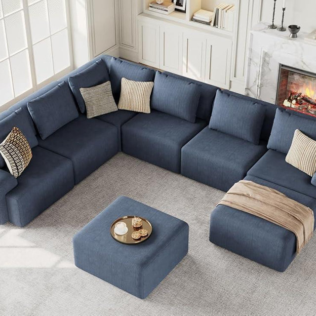 Kalafini Oversized Boneless Couches for Living Room, Blue-Grey U-Shaped 8-Seat Sofa Modular Sectional Sofa, Plush Corduroy Sectional Couches, Convertible Oversized Sofa – No Assembly Required