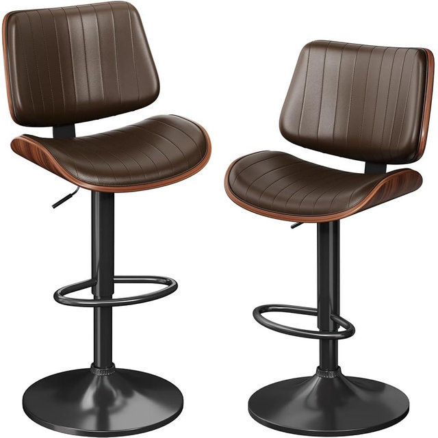 YaFiti Bar Stools Set of 2, Bar Stools for Kitchen Island with Bentwood Back and Leather Seat, Swivel Barstools for Kitchen Counter, Bar, Brown