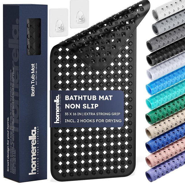 Bathtub Mat Non Slip 35x16 - homerella® Bath Mat Incl. Hooks for Drying, Extra Long, 100% BPA Free, Shower Mat Non Slip Anti Mold, Machine Washable, Shower Mats for Inside Shower Mildew Resistant