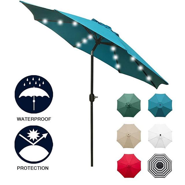 Sunnyglade 9' Solar 24 LED Lighted Patio Umbrella with 8 Ribs/Tilt Adjustment and Crank Lift System (Teal Blue)