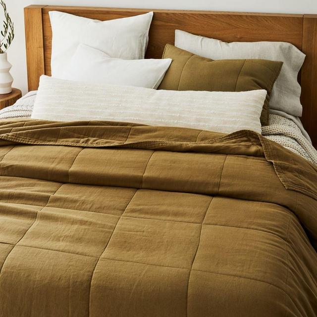 European Flax Linen Box Stitch Quilt, Full/Queen, Cedar