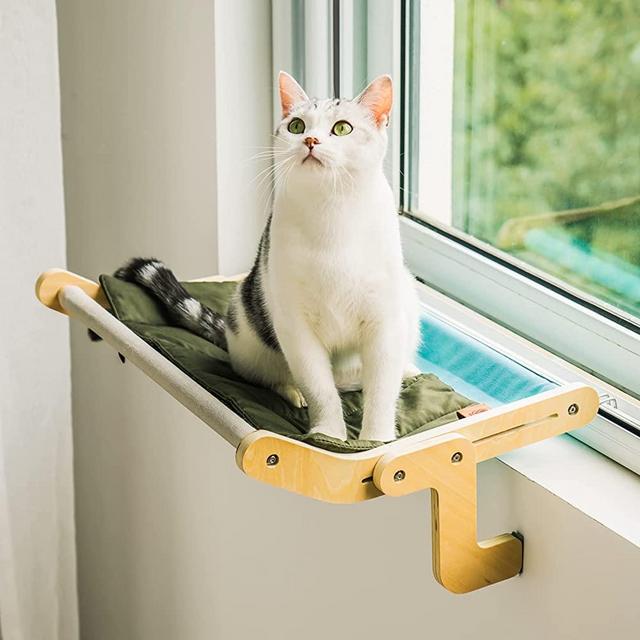 MEWOOFUN Cat Window Perch Lounge Mount Hammock Window Seat Bed Shelves for Indoor Cats No Drilling No Suction Cup (Canvas Mat + Cotton Cushion)