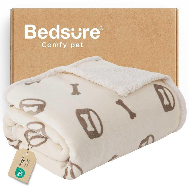 Bedsure Waterproof Dog Blankets for Large Dogs - Soft Print Sherpa Fleece Pet Cat Blanket Washable for Couch Bed Protection, Cozy Plush Reversible Throw Furniture Protector, 50"x60", Beige