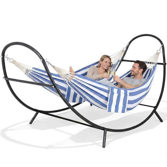 SUNCREAT Hammocks for Outside with Stand, Porch Hammock and Stand, 475 lbs Capacity, Patent Pending, Blue & White